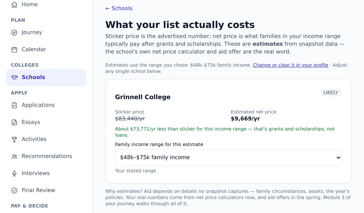 An example student's cost view: one college's sticker price struck through beside a much lower estimated net price for the family income range they chose, with a note that the difference is grants and scholarships, not loans.