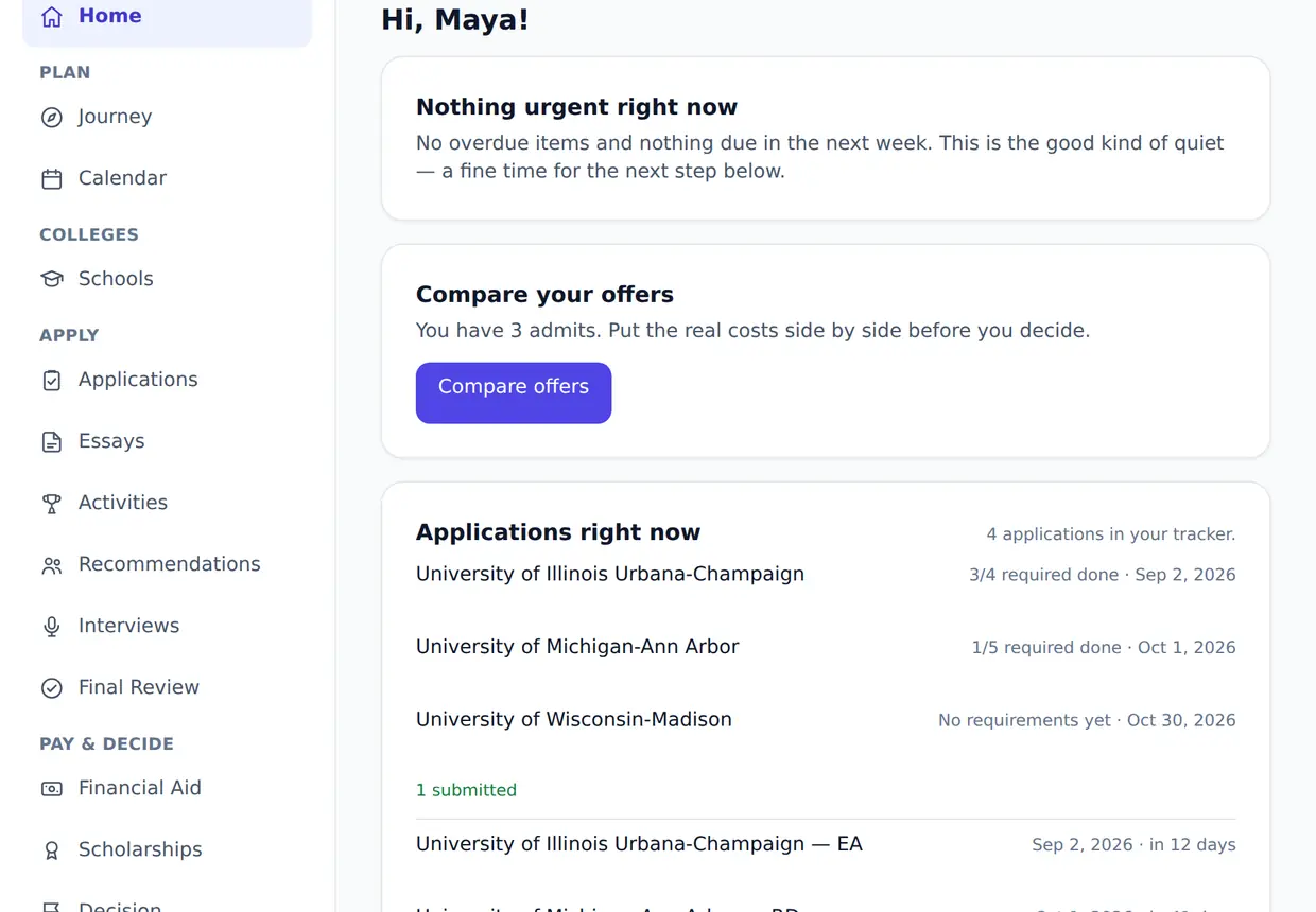 The MyCollegeStudio dashboard for an example student: what is urgent right now, a prompt to compare college offers, and a list of applications showing how many required items are done and when each one is due.